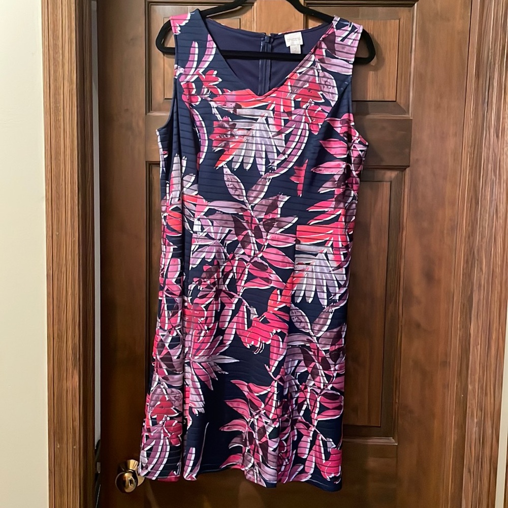 Navy floral knee-length dress.